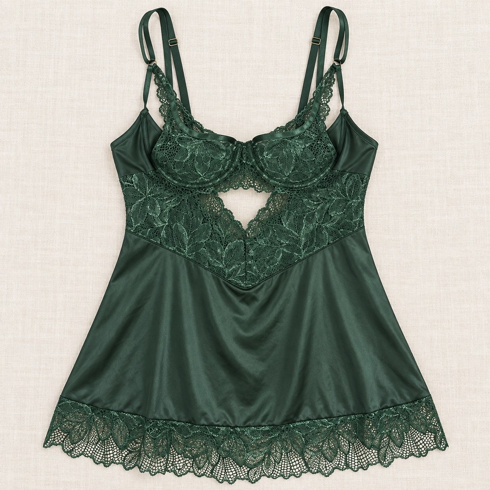 Oh La La Cheri Dark Green Fitted Babydoll Lace Satin Chemise 70-11606 1X